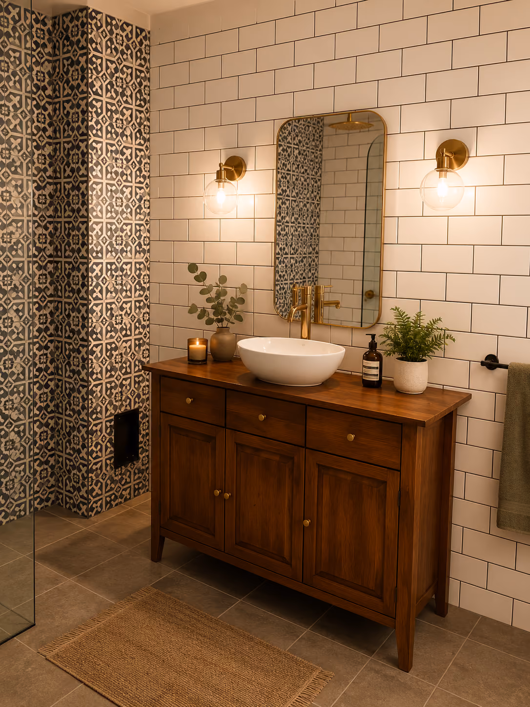 Patterned tile bathroom vanity project completed by M&K Carpentry