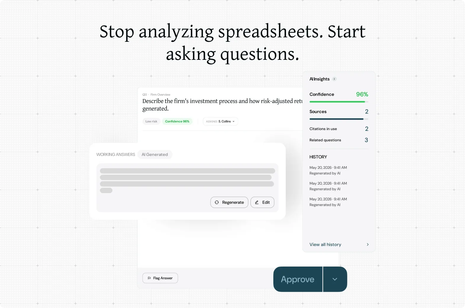 AI tool interface showing firm investment question, AI-generated answer, confidence score, and approval options.