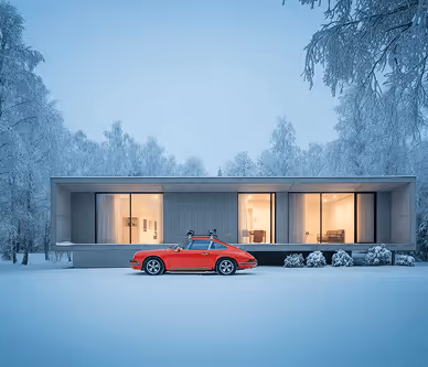Red convertible car parked on snow in front of a modern house with lit windows and frosty trees.