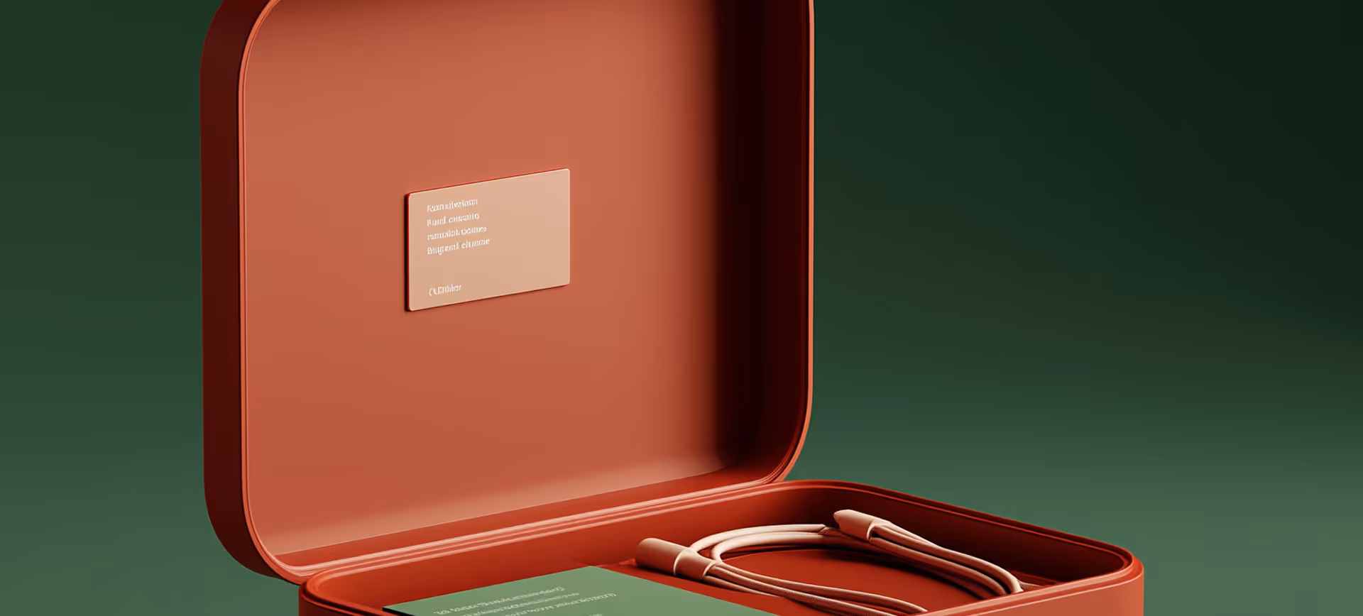 Open red case with a coiled cable and green card inside against a gradient green background.