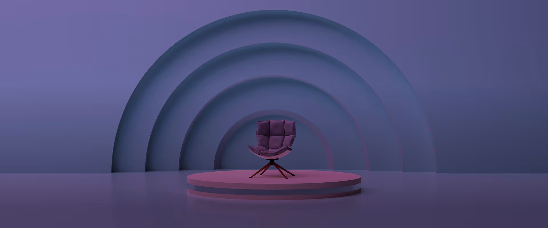 Purple cushioned swivel chair on round platform with layered semicircle blue and purple wall background.