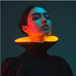 Woman wearing a black high-collared outfit glowing orange inside, lit with dramatic colored lights.