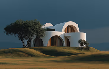 Modern white house with curved arches on grassy hills under a dark sky with two trees nearby.
