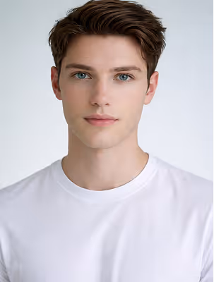 Young man with brown hair and blue eyes wearing a white t-shirt, looking at the camera.