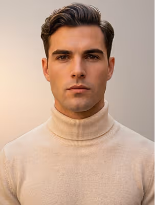 Portrait of a serious young man with dark hair wearing a beige turtleneck sweater against a neutral background.