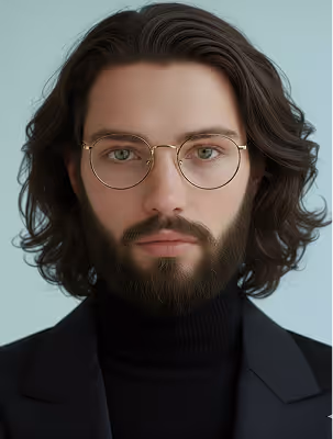 Man with long brown hair, beard, round glasses, and black turtleneck and jacket, facing forward.