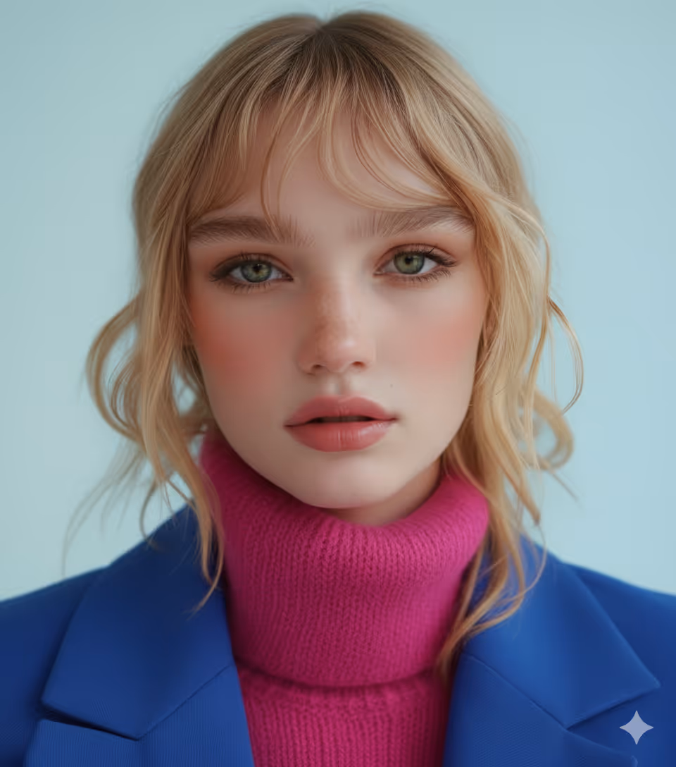 Young woman with blonde hair and green eyes wearing a pink turtleneck and blue blazer.
