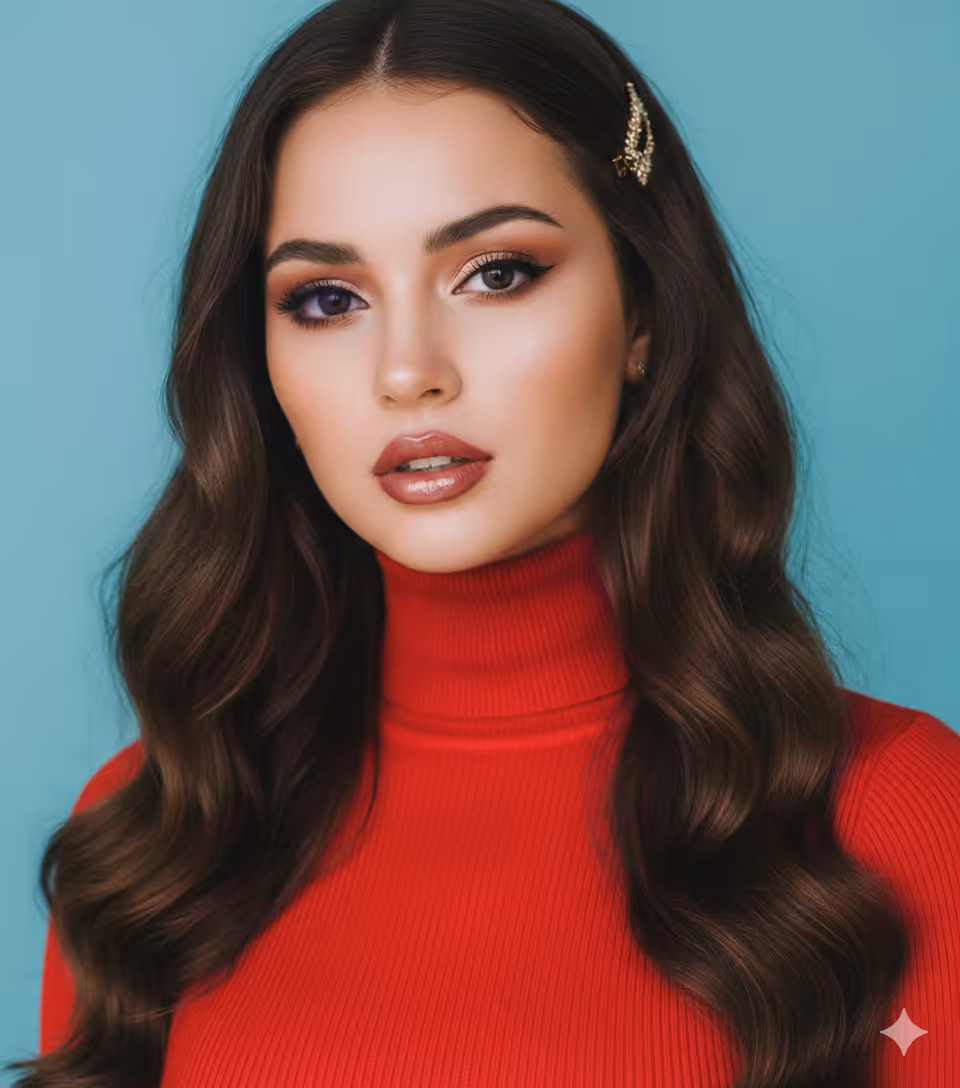 Woman with long wavy brown hair and a gold hairpin, wearing a red turtleneck against a blue background.