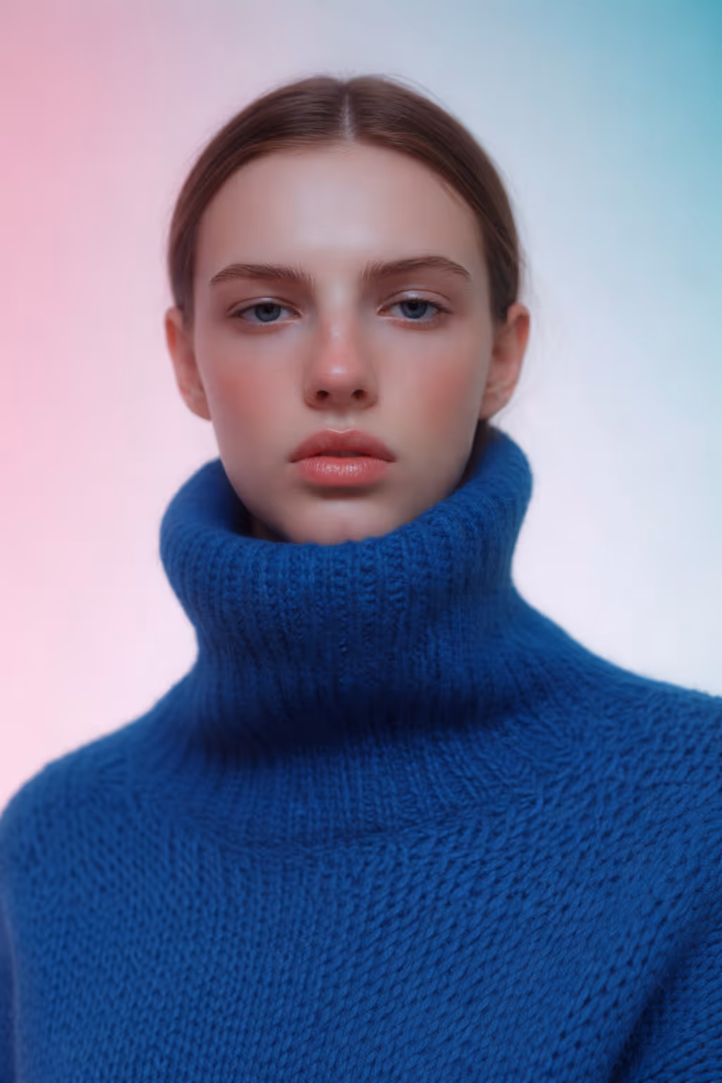 Close-up of a woman with light skin wearing a thick blue turtleneck sweater and neutral expression.