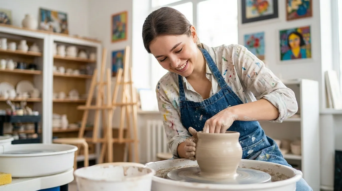 A woman with an apron making a ceramic pot