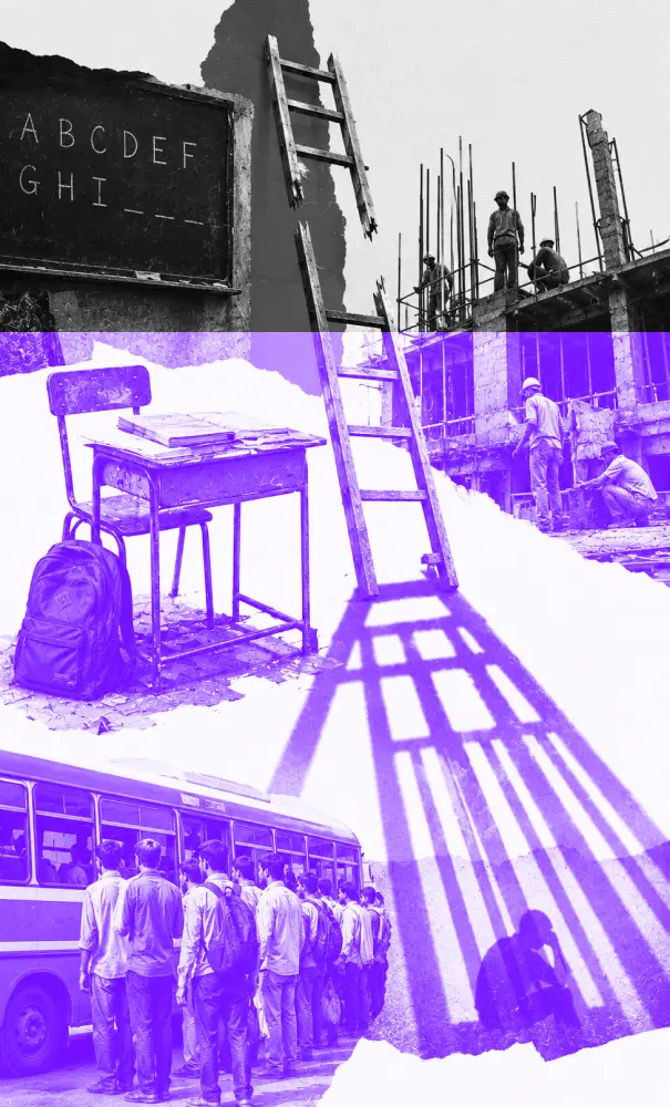 Collage showing a chalkboard with letters, construction workers, school desk with backpack, and people boarding bus.