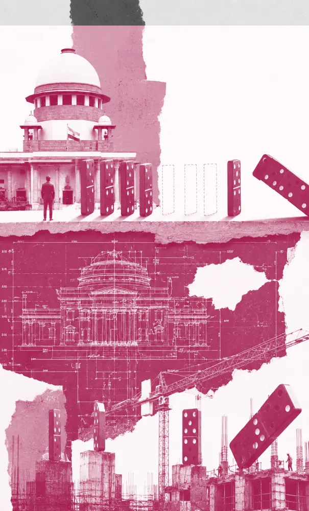 Collage of India's Supreme Court, dominoes, architectural blueprint, and construction site with cranes.