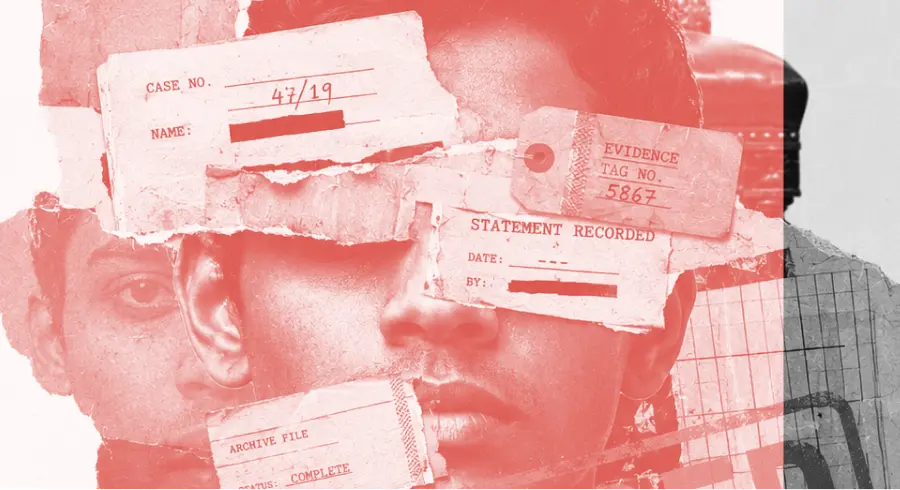Collage of a man's face overlaid with torn documents showing case file and evidence tags.