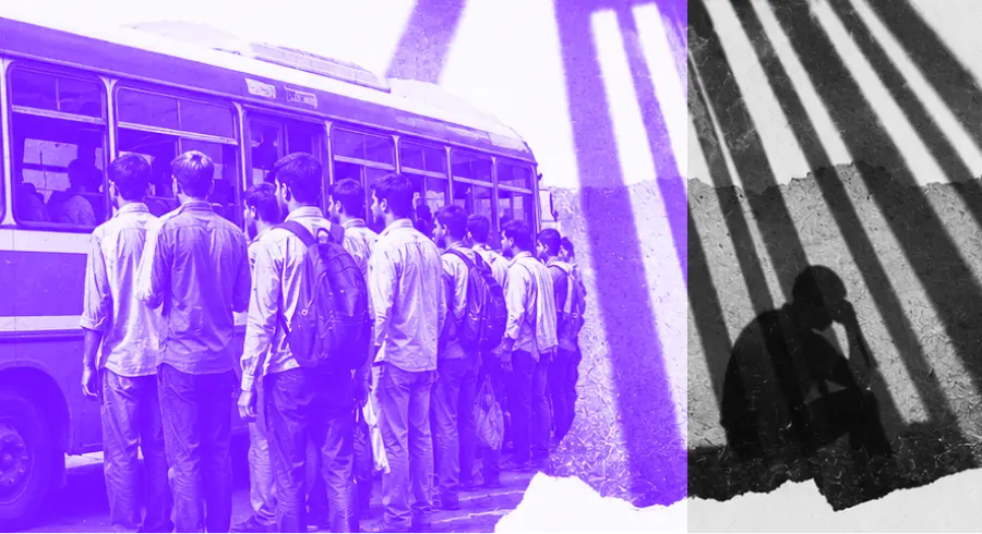 Line of men boarding a bus beside a shadow of a person sitting behind bars on a wall.