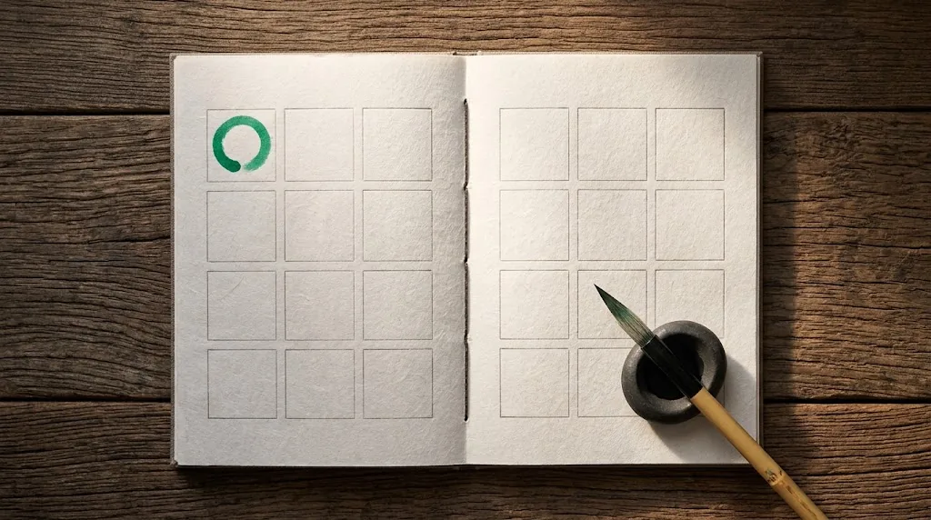Handbound washi planner open to a two-week grid with a jade ink circle in the first square