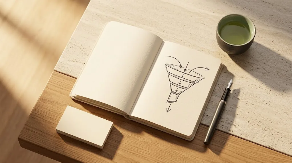 Overhead desk with a hand-drawn lead funnel sketch, Japanese business cards and green tea