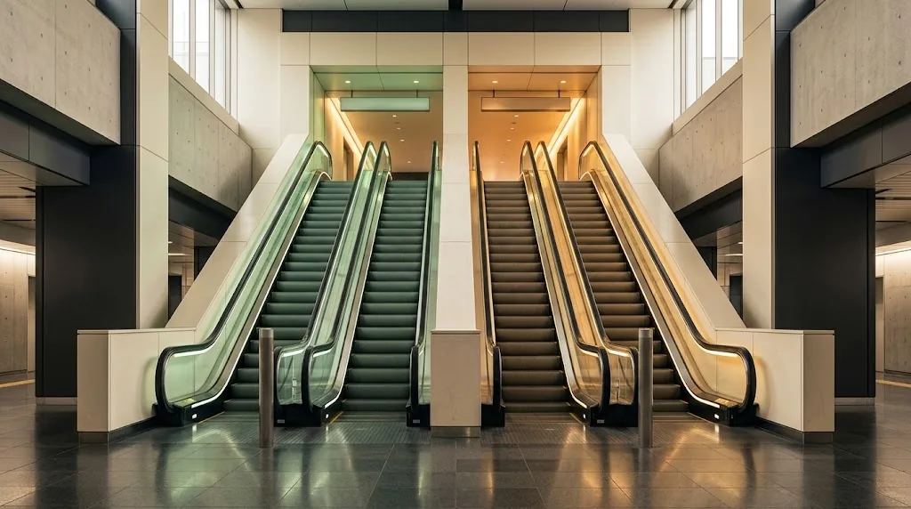 Two identical escalators rising side by side in a Tokyo station, one lit jade and one amber