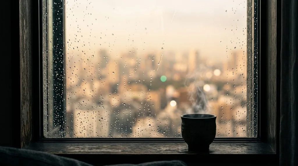 Tokyo skyline at dawn through a rain-speckled window with a steaming tea cup on the sill