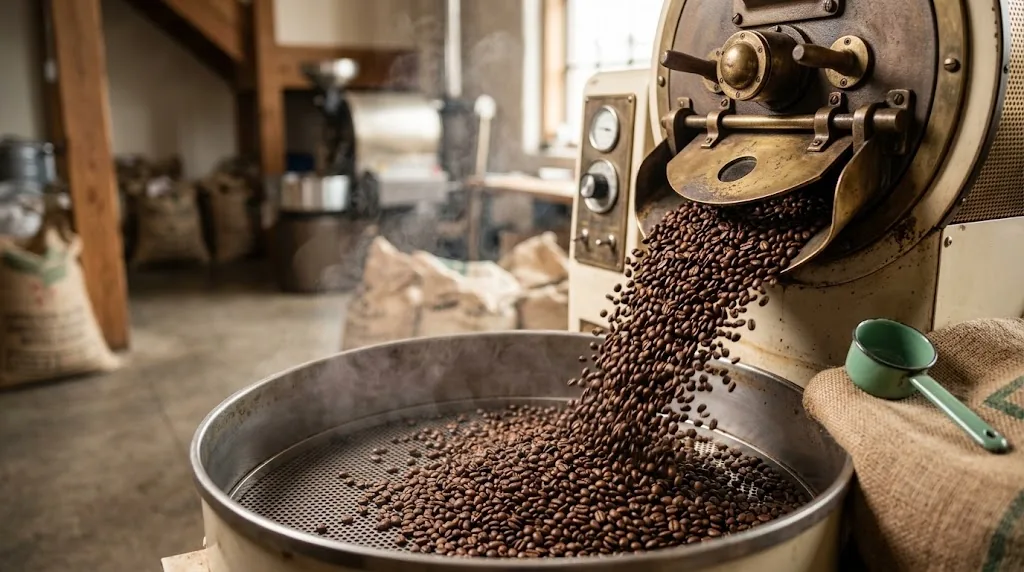 Freshly roasted coffee beans pouring from a vintage brass roaster into a cooling tray