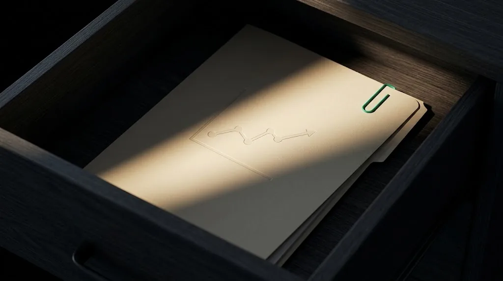 Cream document folder in a dark drawer lit by a narrow beam of light with a jade paper clip