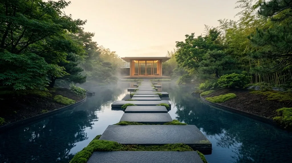 Stepping stones crossing still water toward a lit pavilion in a misty Japanese garden