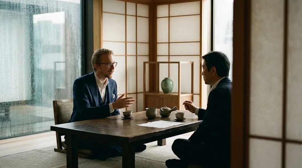 Milosz Bugajski in conversation with a Japanese executive over tea at a low wooden table
