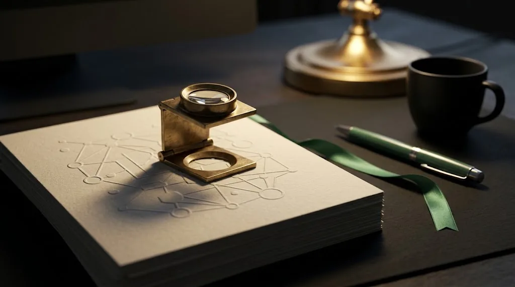 Brass jeweler's loupe standing on letterpress-embossed report pages with a jade silk bookmark