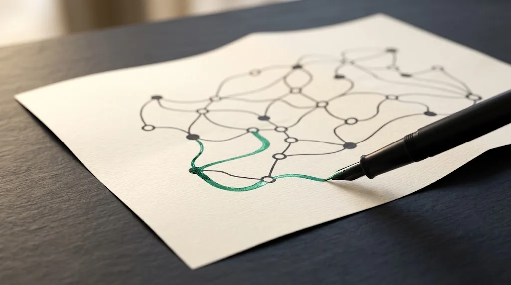 Fountain pen tracing a jade green route across a minimalist map of connected nodes on cream paper
