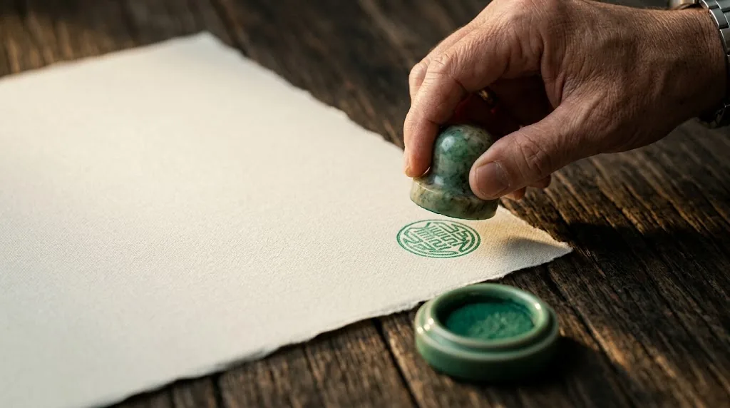 Hand pressing a jade stone hanko seal onto thick cream paper on aged wood