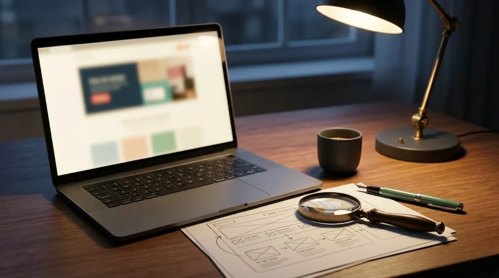 Laptop with a blurred webpage beside a magnifying glass and wireframe sketches at dusk