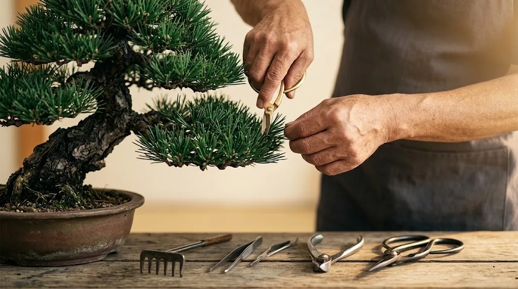 Hands carefully pruning an old bonsai pine, patient nurturing through a long quiet evaluation