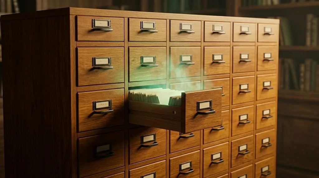 Wooden card catalog with one drawer open revealing cream index cards and a soft jade glow