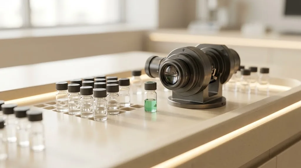 Precision optical instrument and glass vials on a clean laboratory bench with one jade green vial