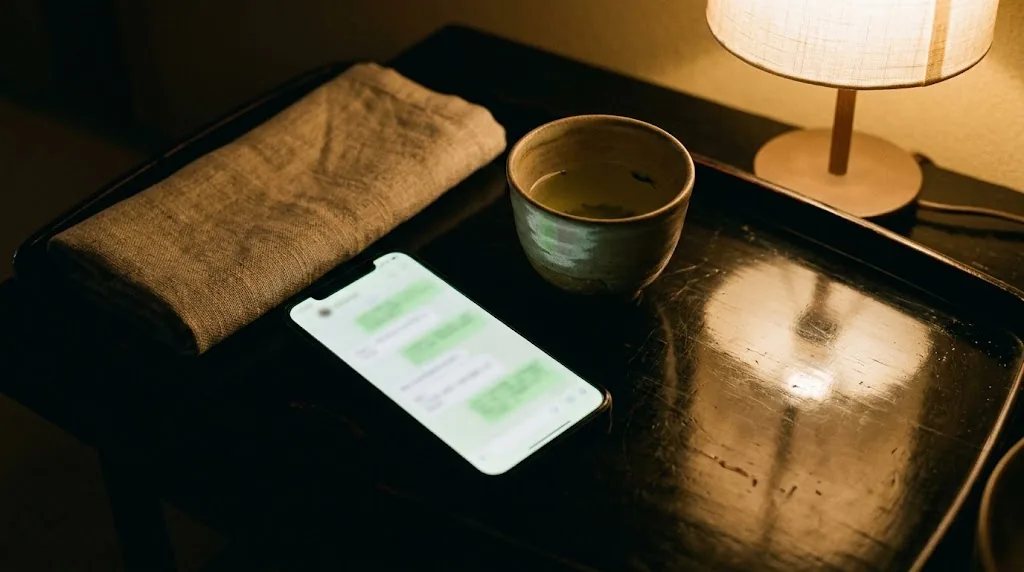 Smartphone with a glowing green chat interface on a black lacquered tray beside sencha