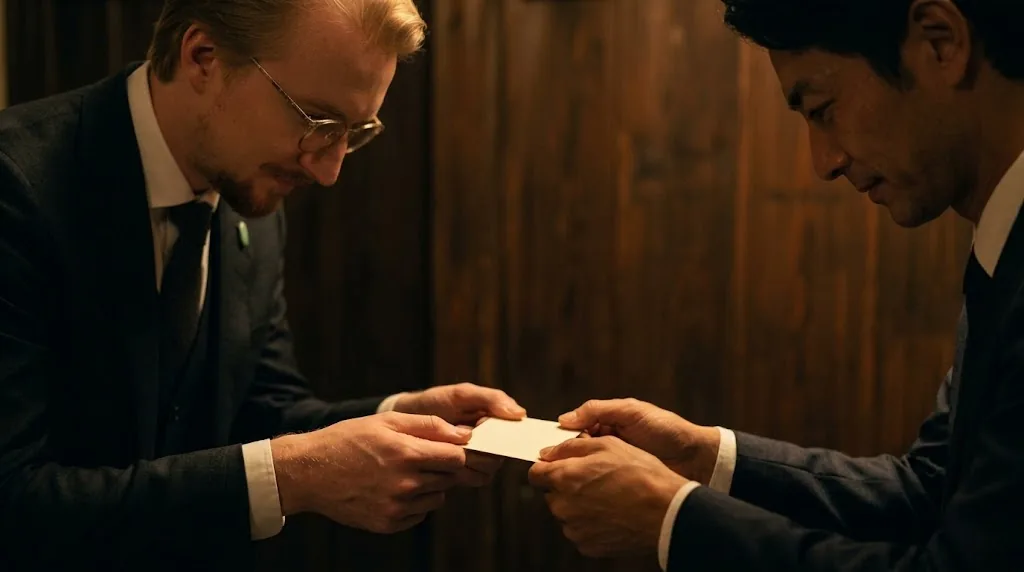 A business card exchanged with two hands and a respectful bow in a wood-paneled Tokyo entryway