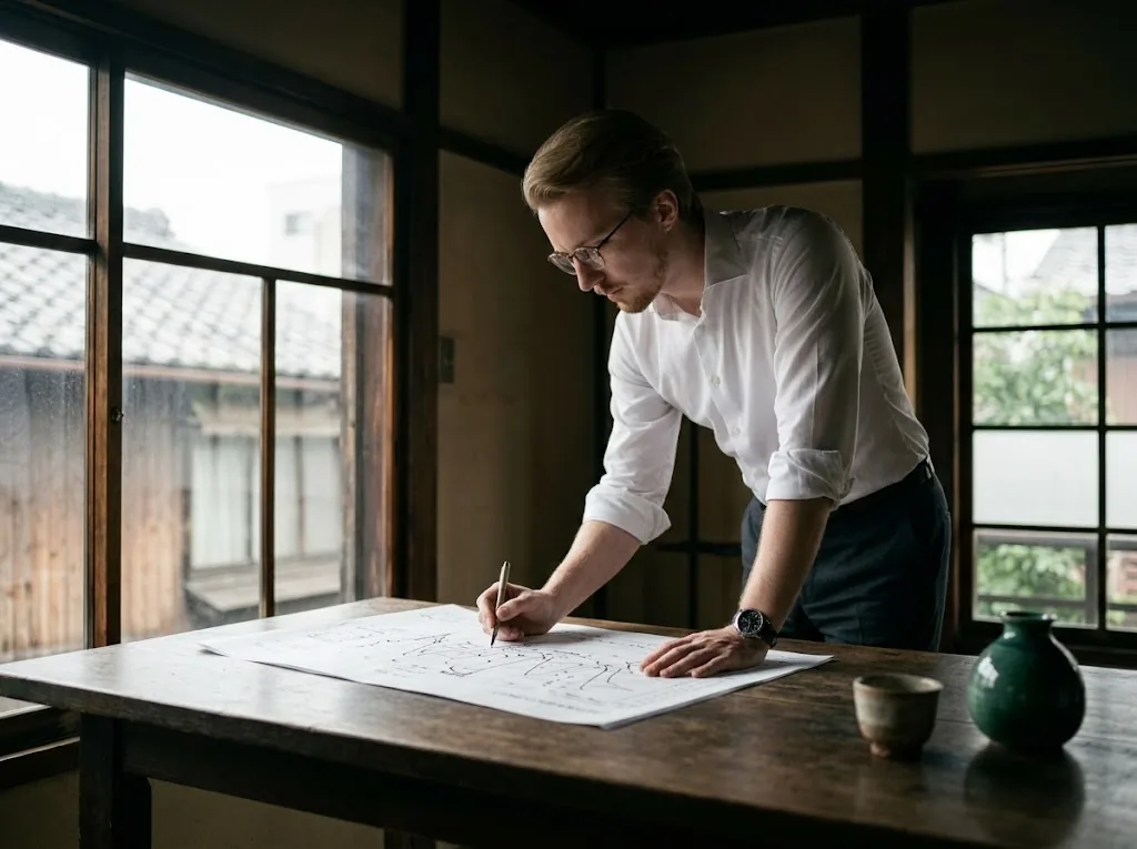 Milosz Bugajski marking a printed performance chart at an oak worktable in a Tokyo studio