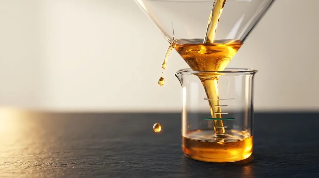 Glass funnel pouring golden liquid into a beaker while droplets escape from a crack