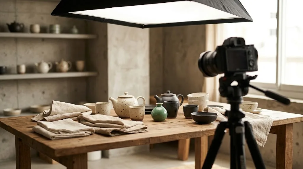 Product photography studio with handcrafted ceramics staged on a wooden table under a softbox