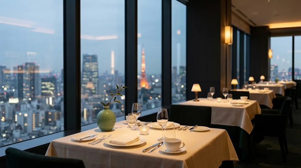 Elegant fine dining room above the Tokyo skyline at dusk with set tables and a jade ceramic vase
