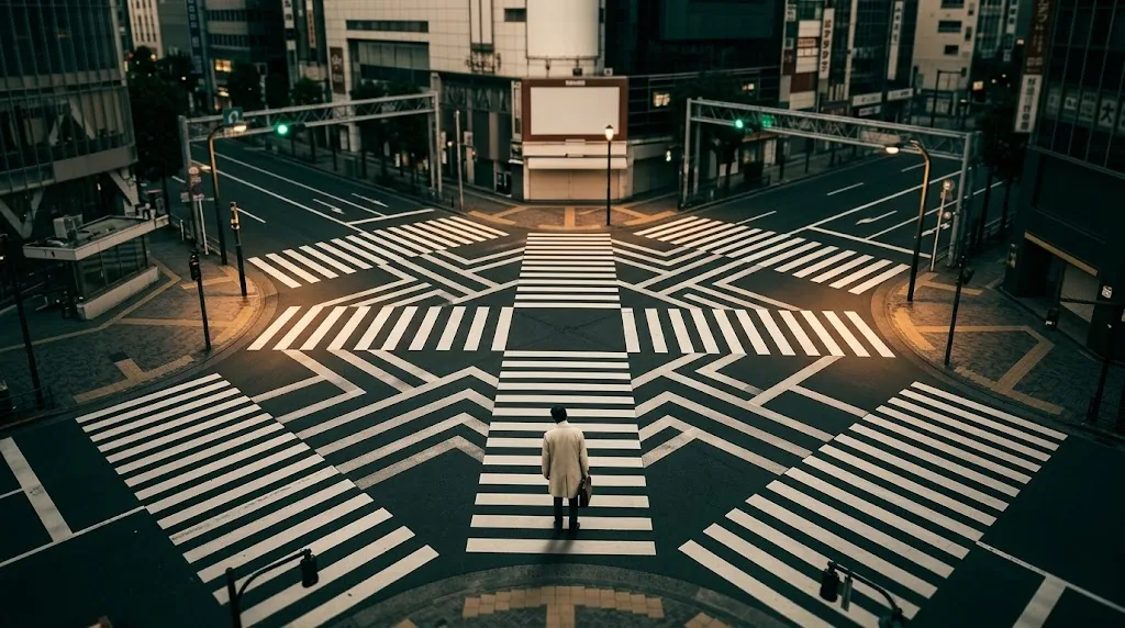 Lone businessman pausing at the center of a vast Tokyo crossing at dusk