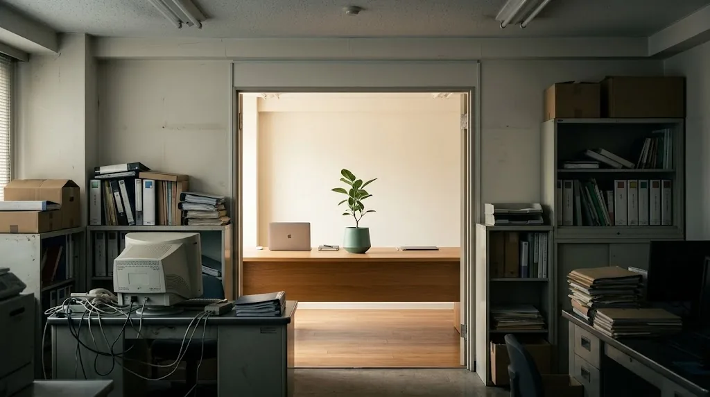 View from a dim dated office through a doorway into a bright modern workspace