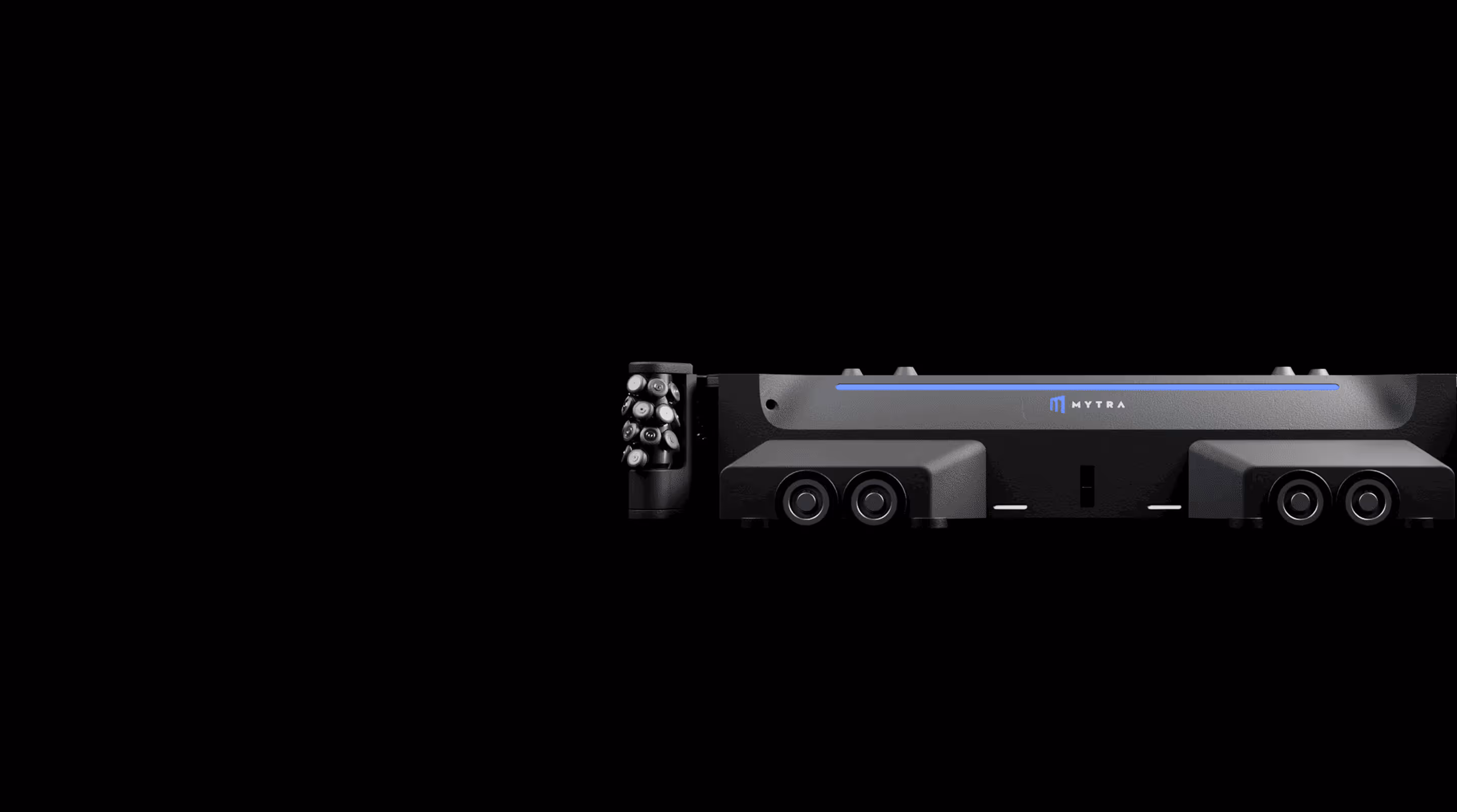 Close front view of black MYTRA device with multiple camera lenses on a black background.