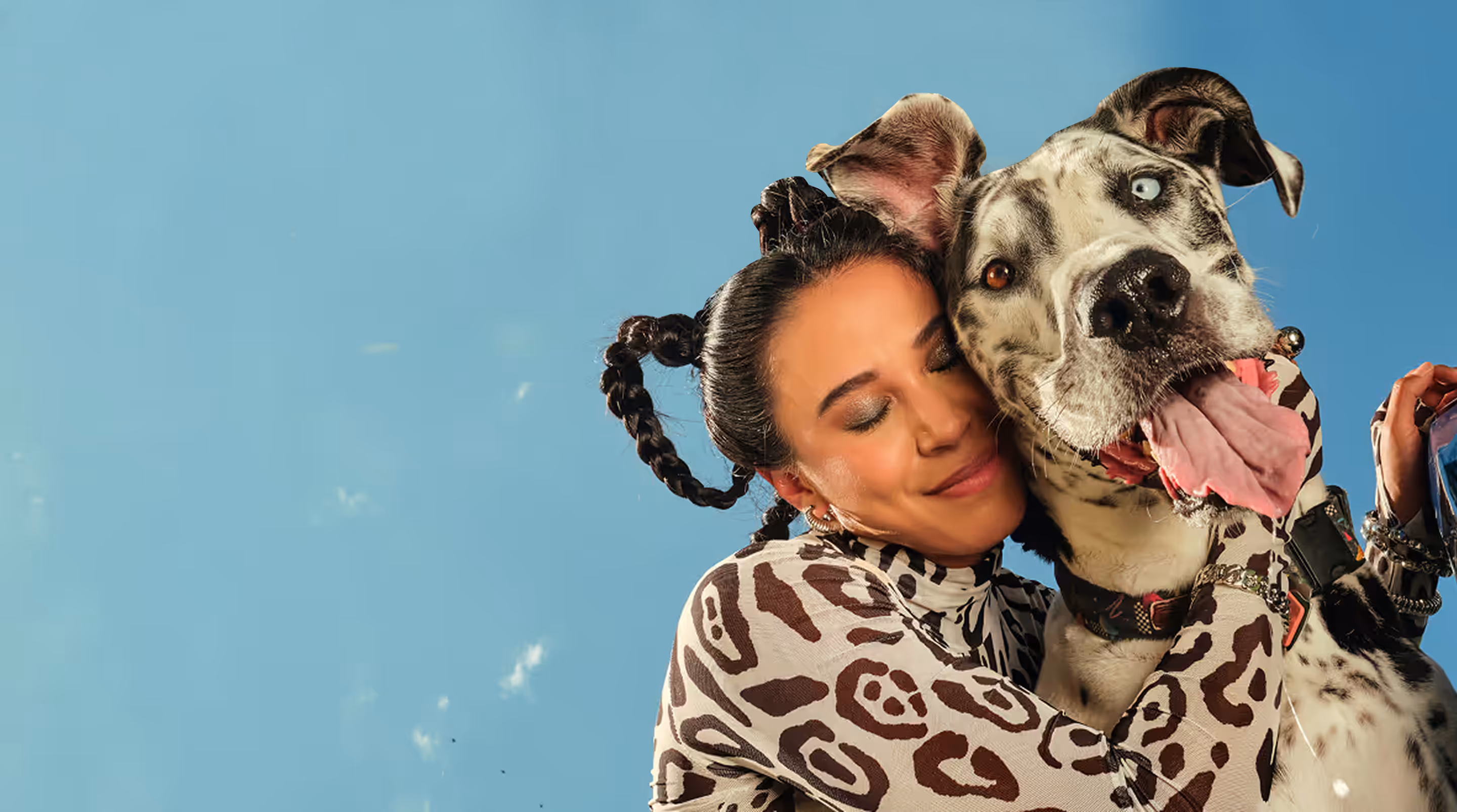 Woman with braided buns hugging a large, happy, spotted dog with heterochromia against a blue sky.