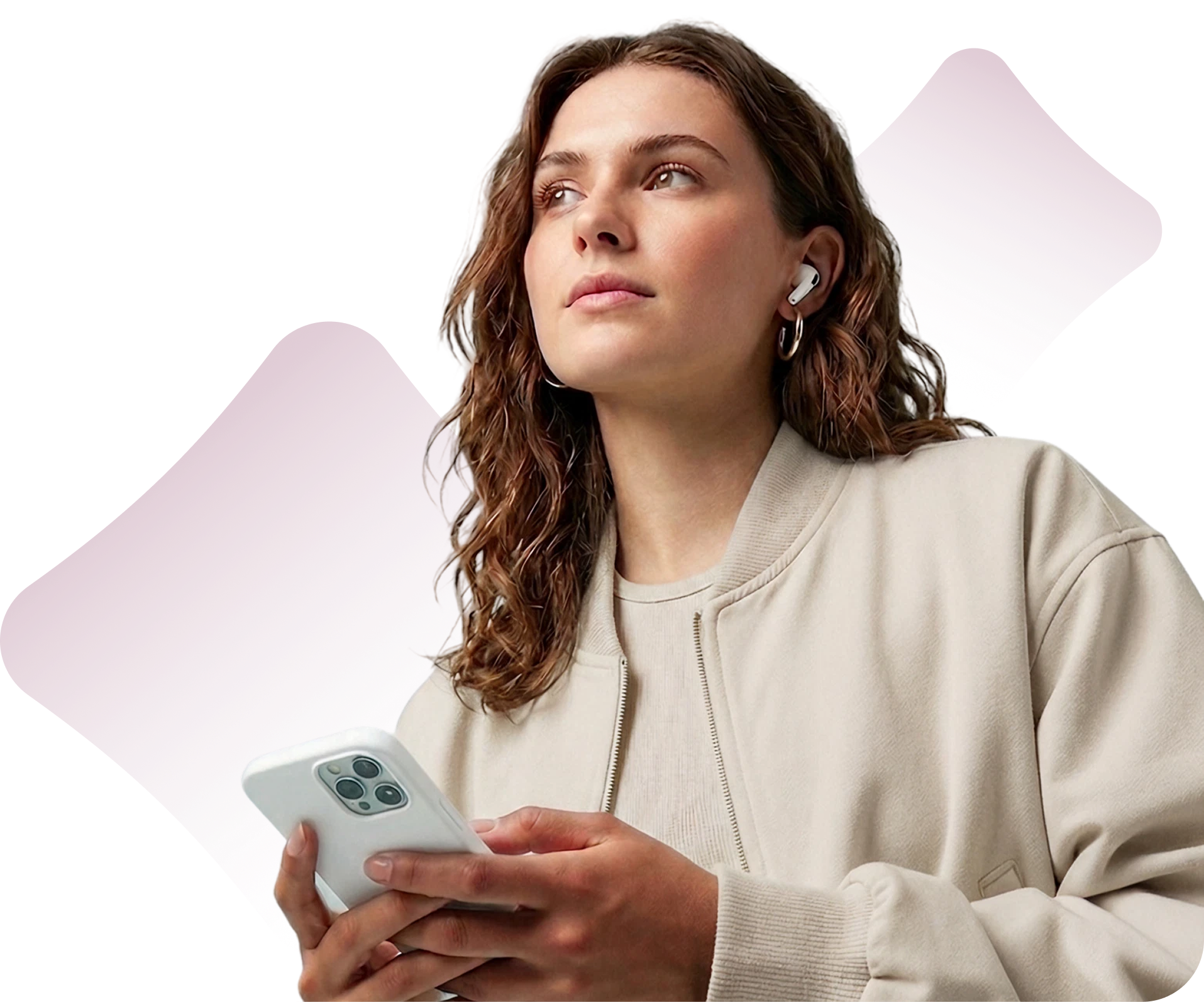 Young woman wearing earbuds holding a smartphone and looking thoughtfully to the side.