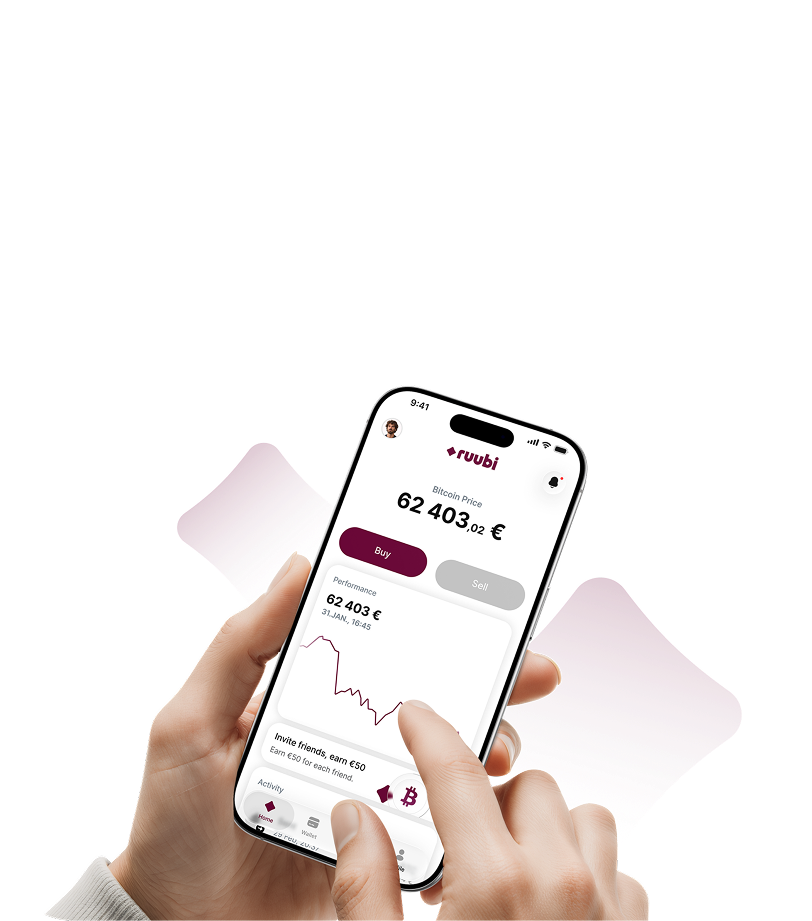 Two cards showing auto buy plans with total BTC amount and performance percentages for weekly and monthly buys.