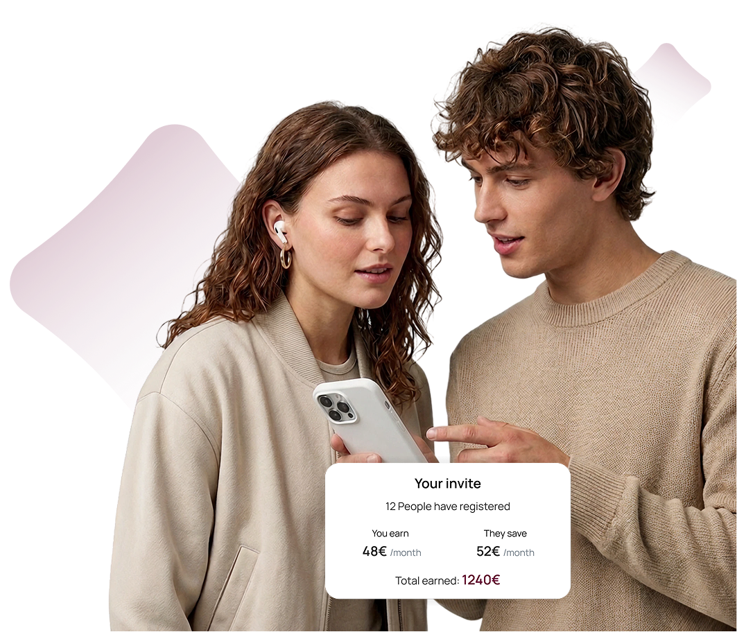 Young man and woman looking at a smartphone showing invite earnings and savings summary.