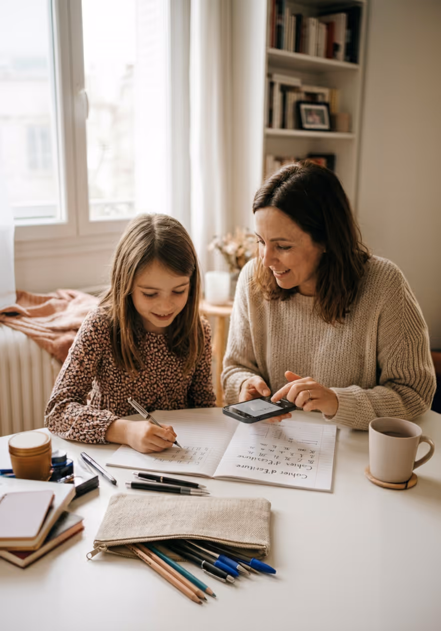 Une femme aide une fille à faire ses devoirs avec un smartphone et un cahier sur une table blanche.