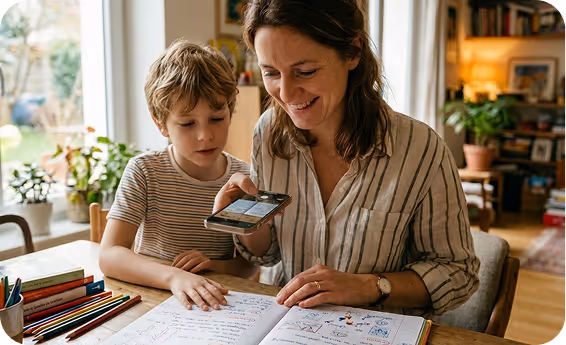 Une femme et un garçon regardent ensemble un livre ouvert avec crayons de couleur à table.