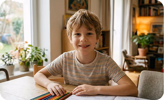 Un garçon souriant assis à une table avec des crayons et un cahier ouvert.
