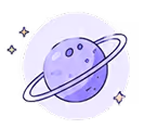 Dessin de planète violette avec un anneau et trois étoiles autour.